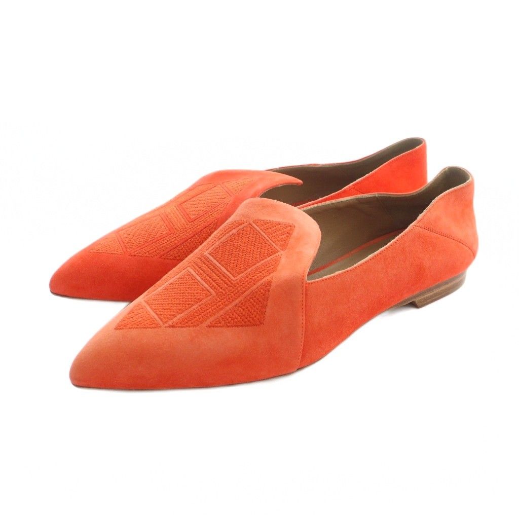 エルメス HERMES フラットシューズ Hロゴ刺繍 ポインテッドトゥ ロゴ