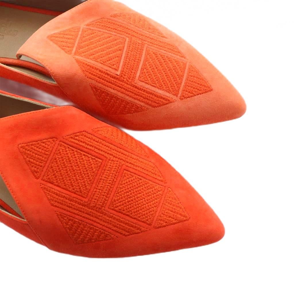  エルメス HERMES フラットシューズ Hロゴ刺繍 ポインテッドトゥ ロゴ 37.5 24-24.5 cm オレンジ GY 19 MQ OH ハイヒール パンプス パンプス