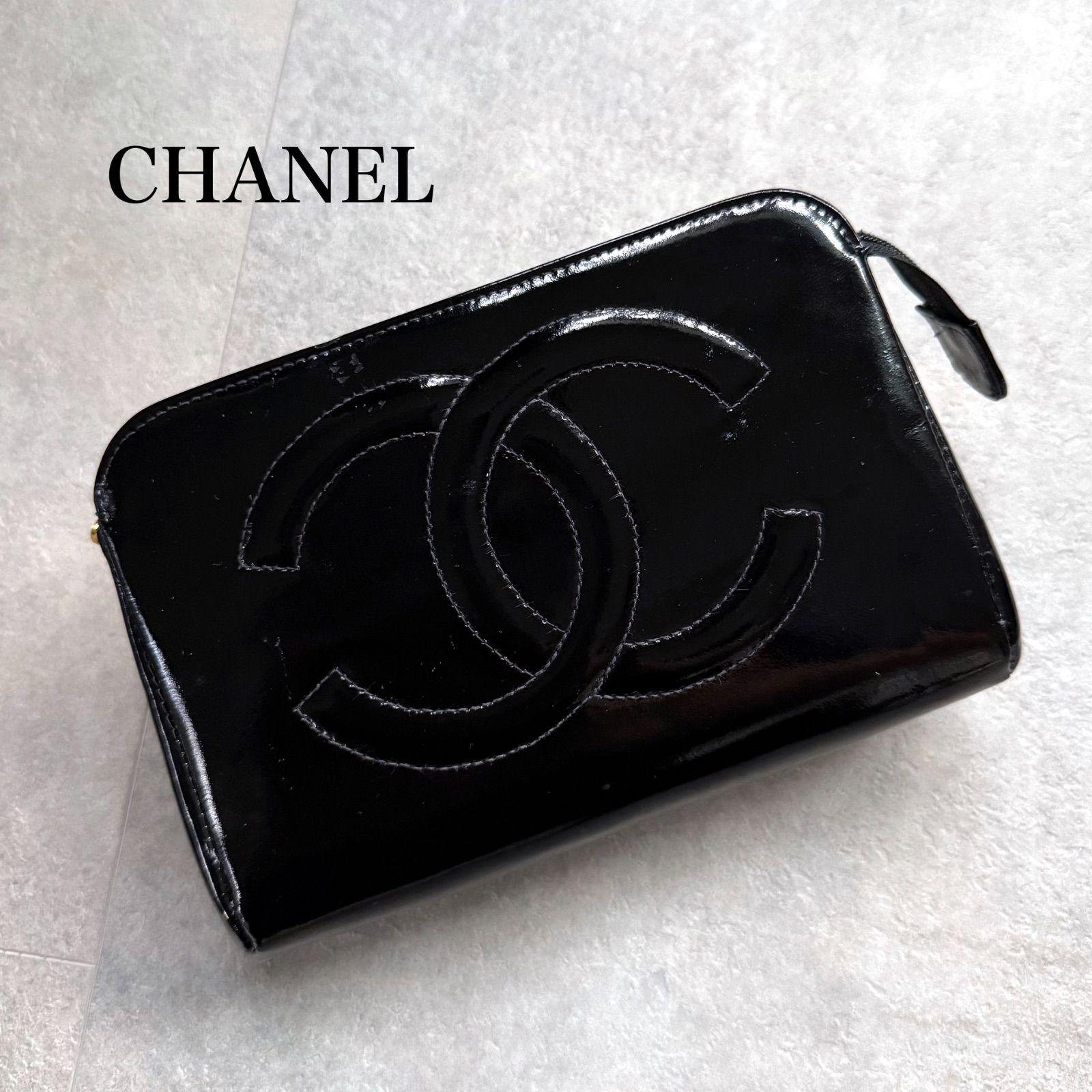 希少品 CHANEL シャネル ココマーク ポーチ 黒 ゴールド金具 パテント