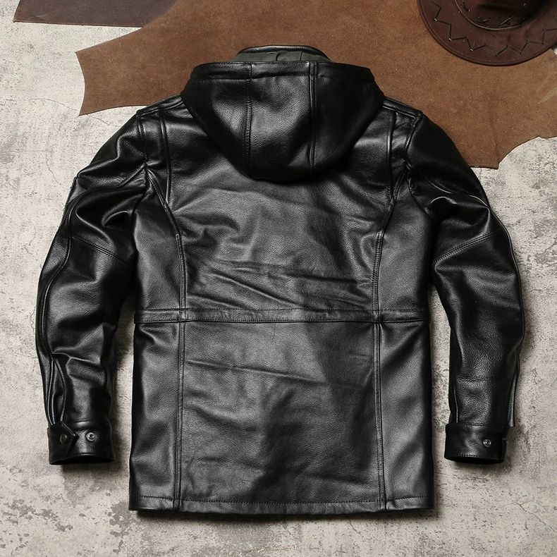 全 ♥ M 65 フード付き 中綿ライナー付き 本革多ポケット ミドル丈 牛革ハンティングジャケット 冬用 アウトドアワークレザージャケット K