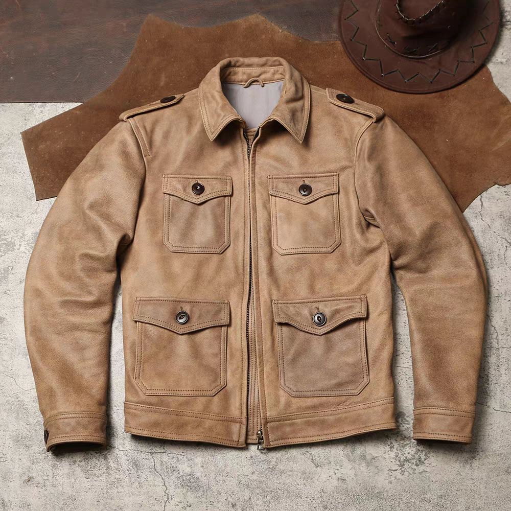 全 M 65ショート丈 マット仕上げ 無塗装牛革ジャケット 本革テーラード 薄手フィット ヴィンテージハンティング 多ポケットレザージャケット K