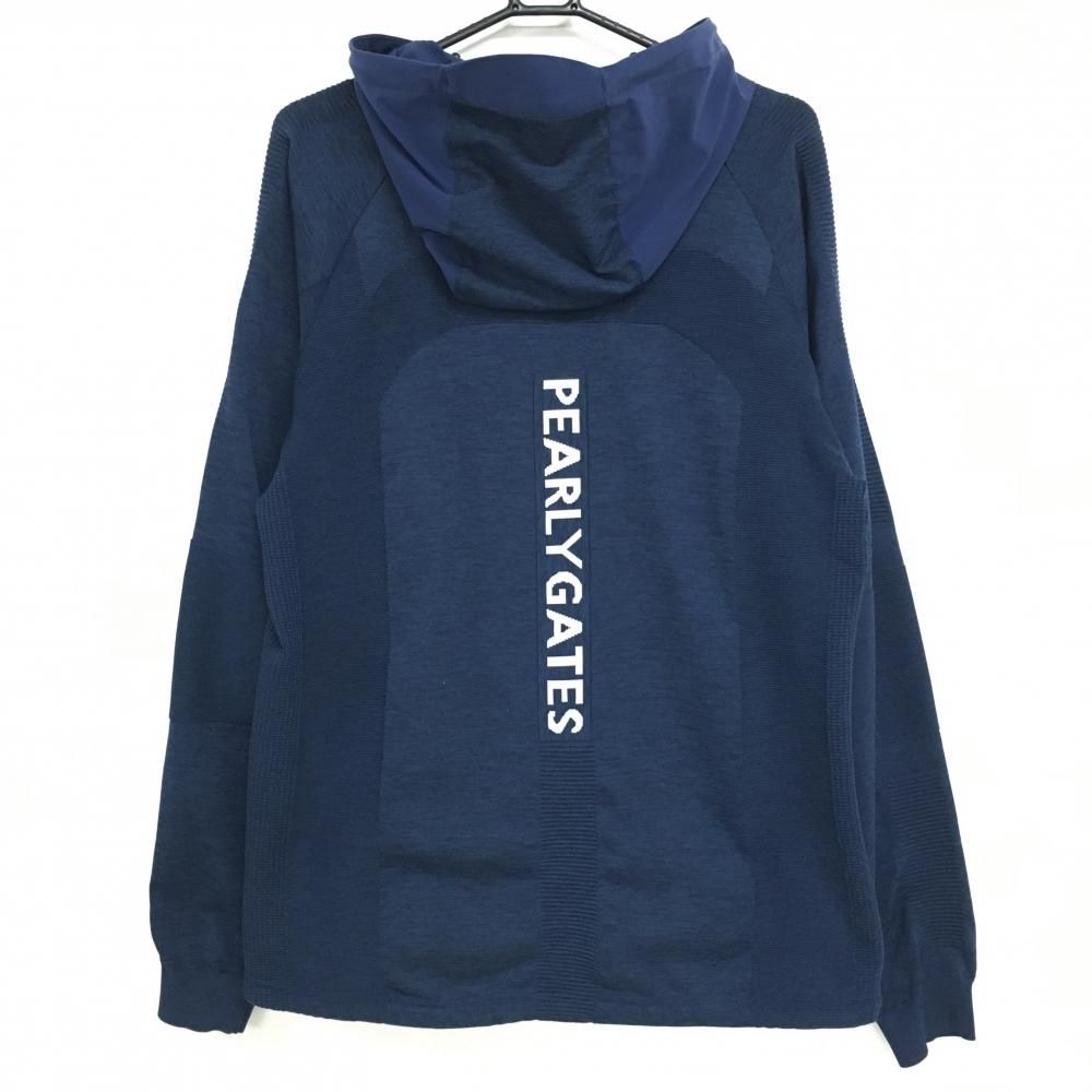 美品】パーリーゲイツ 異素材ジップパーカー ネイビー 一部ニット ロゴ