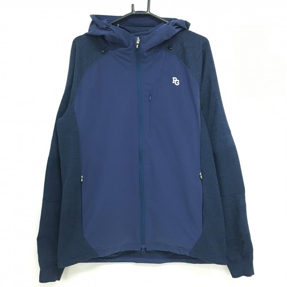 美品】パーリーゲイツ 異素材ジップパーカー ネイビー 一部ニット ロゴ
