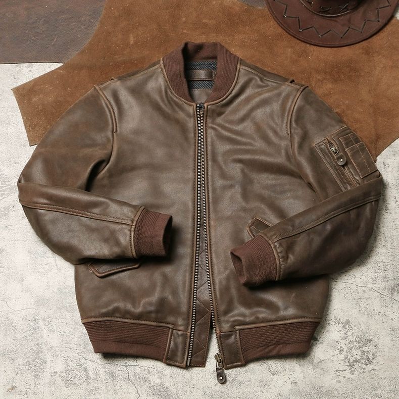 全 ♥ MA-1風 ヴィンテージ加工 牛革フライトジャケット ひび割れエイジング ソフトカウレザー 秋冬用 ボンバージャケット K