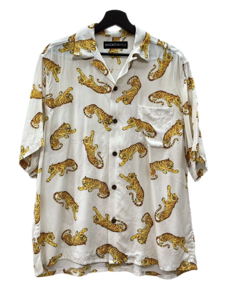 ワコマリア WACKO MARIA SHIRT オープン シャツ TIM LEHI ティム リーハイ タイガー 虎 ハワイアン アロハ 開襟 半袖 白 黄 半袖シャツ 総柄 ホワイト Mサイズ 104 MT 2330