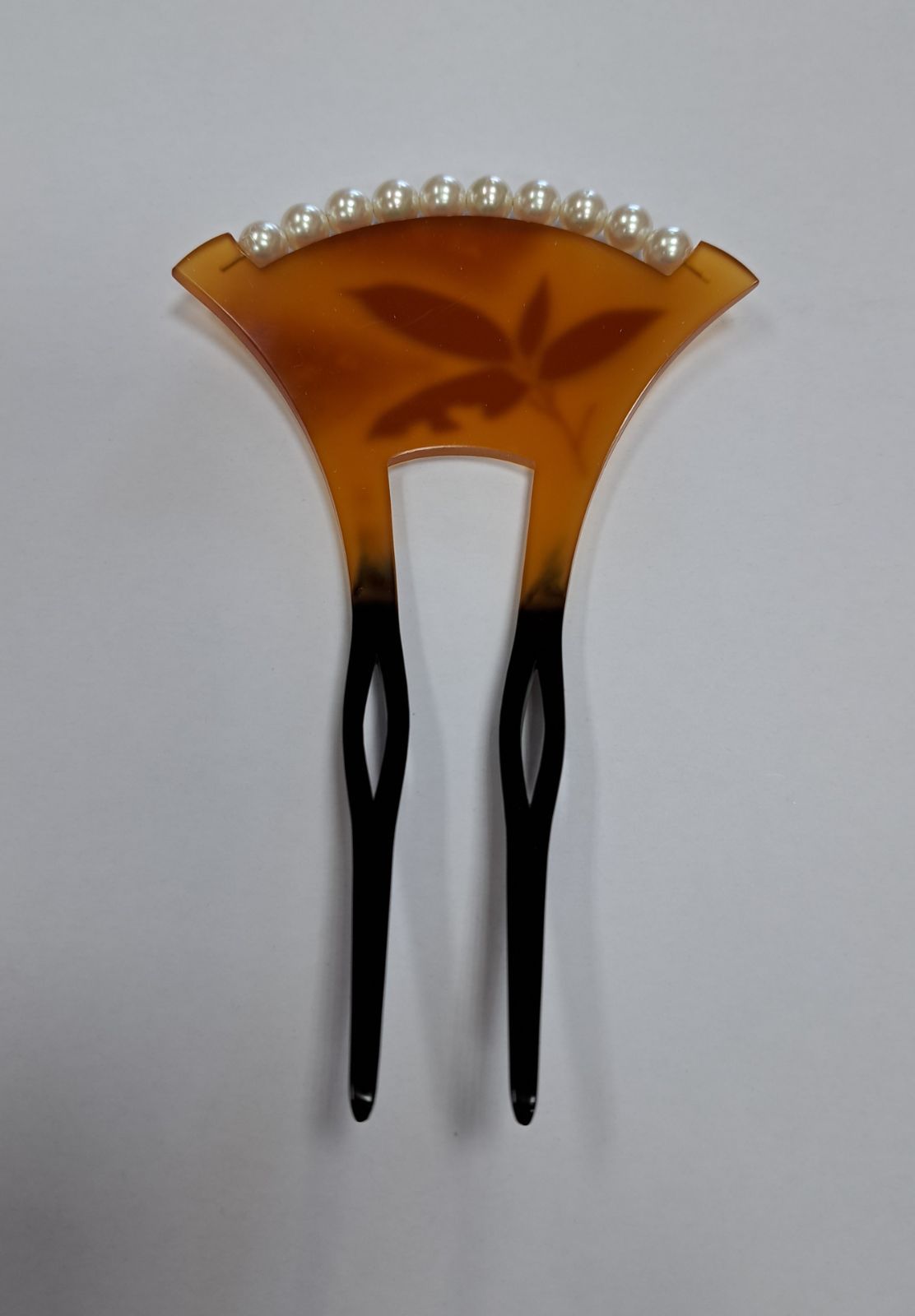 かんざし バチ型簪 パール付き アメ色 笹柄 ベっ甲風 二本足 フォーマル 留袖 結婚式