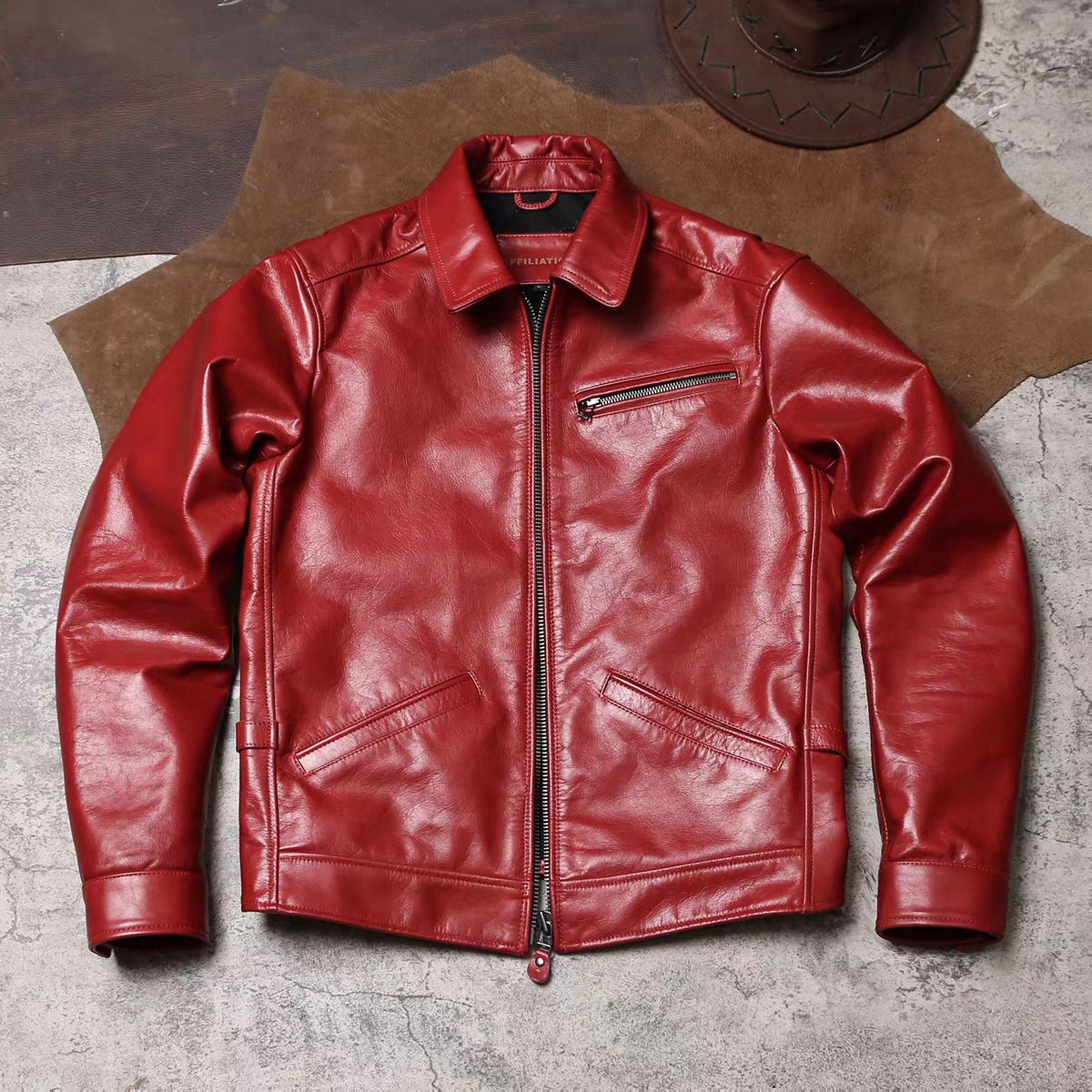 全 ♥ ヴィンテージ 天神 レザージャケット 大赤 ワインレッド寄り オイルドワックス牛革 コート テーラードカラー ショート丈 スリムライダース K