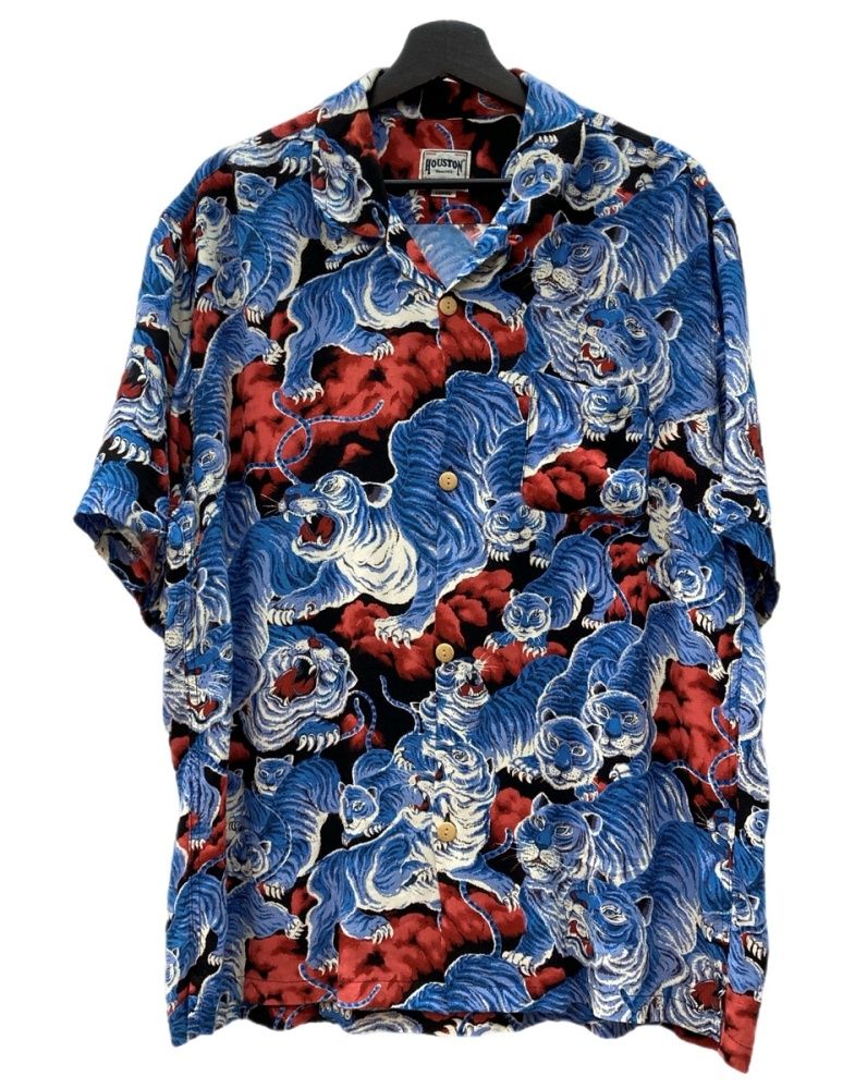 ヒューストン HOUSTON ALOHA SHIRT アロハ シャツ ウッドボタン オープンカラー ハワイアン タイガー 百虎 虎 開襟 半袖 青 ブルー 41022 半袖シャツ 総柄 マルチカラー Lサイズ 104 MT-2331