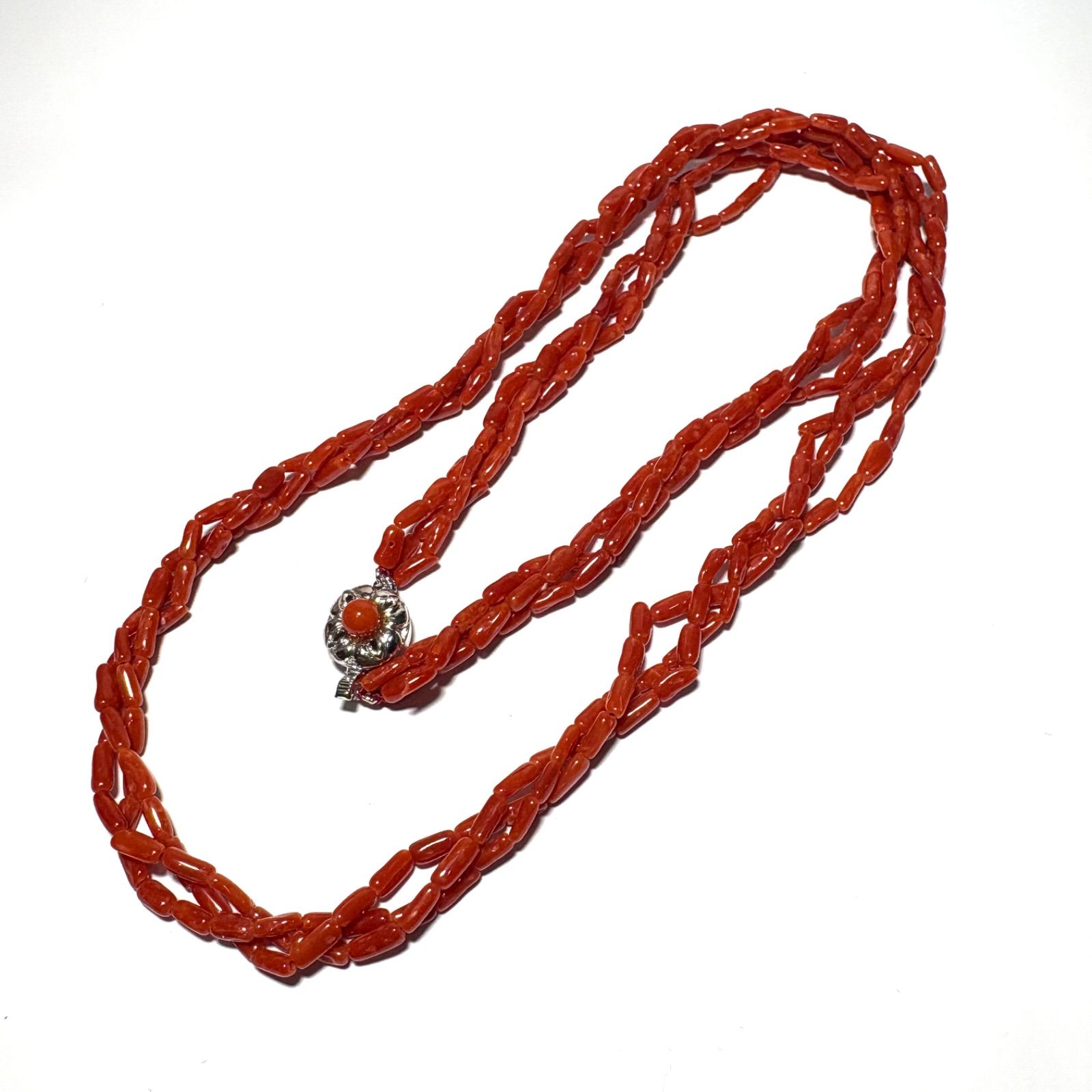 天然赤珊瑚 3連ツイストネックレス 58cm シルバー金具 - メルカリ