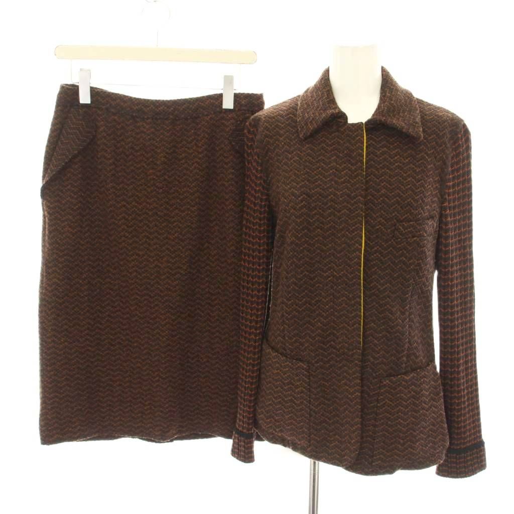 ミッソーニ MISSONI セットアップ 上下 ニットジャケット スカート ひざ丈 タイト ヘリンボーン柄 絹 シルク 46 茶 ブラウン YT