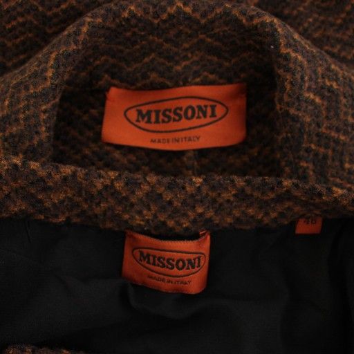  ミッソーニ MISSONI セットアップ 上下 ニットジャケット スカート ひざ丈 タイト ヘリンボーン柄 絹 シルク 46 茶 ブラウン YT スカートスーツ上下 ビジネススーツ