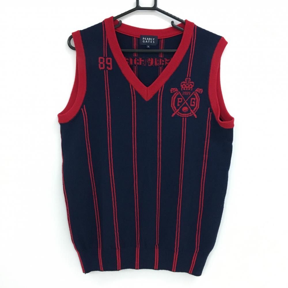 超 パーリーゲイツ ニットベスト ネイビー×レッド ストライプ ウール100％ Vネック メンズ 5 L ゴルフウェア PEARLY GATES