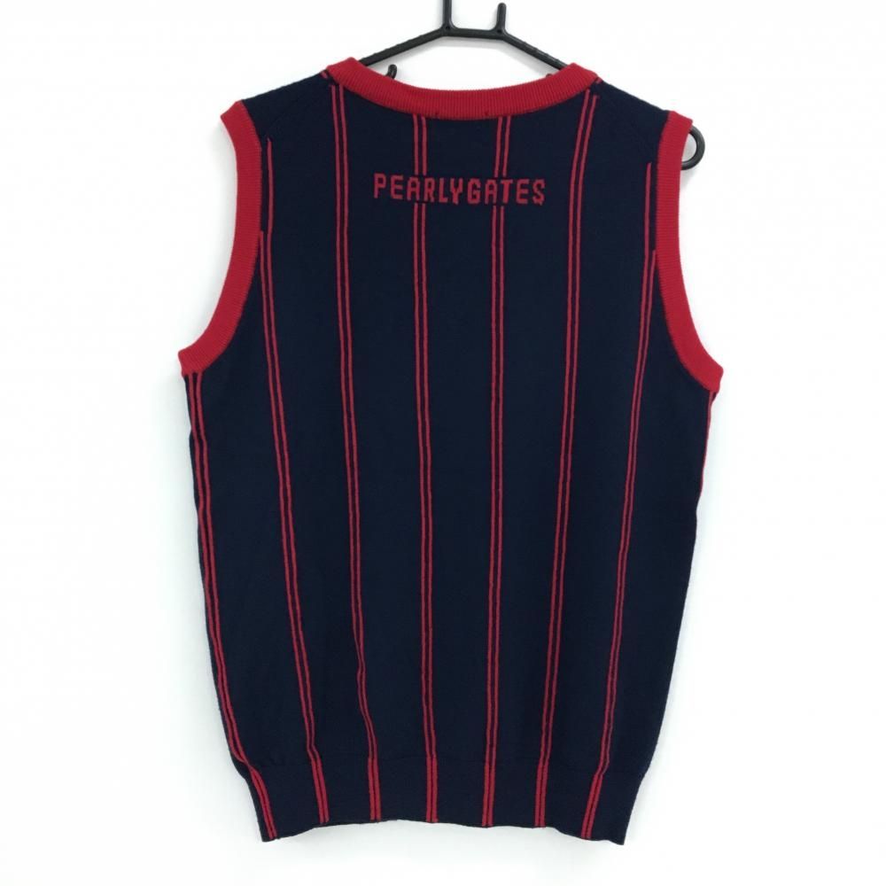 超 パーリーゲイツ ニットベスト ネイビー×レッド ストライプ ウール100％ Vネック メンズ 5 L ゴルフウェア PEARLY GATES