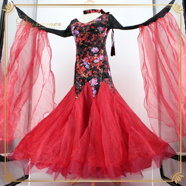 社交ダンス 衣装 スタンダード ドレス ワンピース パーティ衣装 赤 黒 紫 ブラック系 パープル系 レッド系 フロート 派手 花柄 チョーカー 大人用 ベルベット素材 美しいシルエット ショー用 社交ダンス衣装 フ スカート 動きやすい