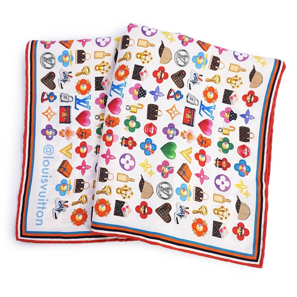 （中古）ルイ ヴィトン LOUIS VUITTON カレ バンダナ LV文字 ヴィヴィエンヌ スカーフ シルク100％ ホワイト マルチカラー M77355 箱付 ルイ ヴィトン カレ バンダナ LV文字 ヴィヴィエンヌ スカーフ シルク