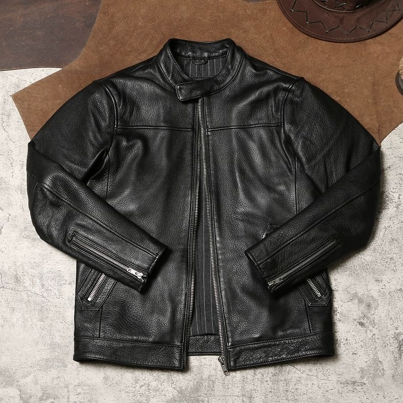 全 ショットタイプ ライダースジャケット 厚手で柔らかい山羊革コート 本革ライディングジャケット 春秋用 メンズ スタンド スリムフィット レザージャケット K