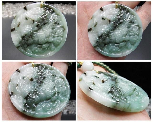 天然石柄入りひすい本翡翠麒麟キリン彫りペンダント木綿紐ネックレス