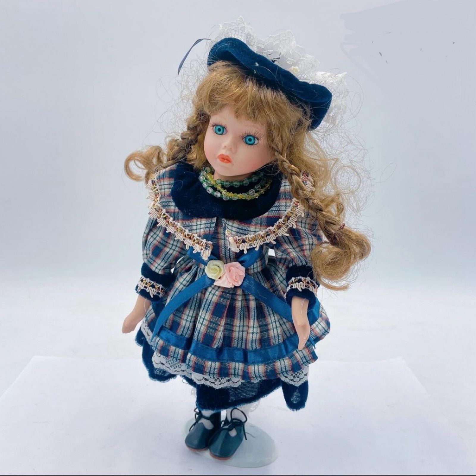ビスクドール フランス人形 西洋人形フィギュア ネイビー チェック