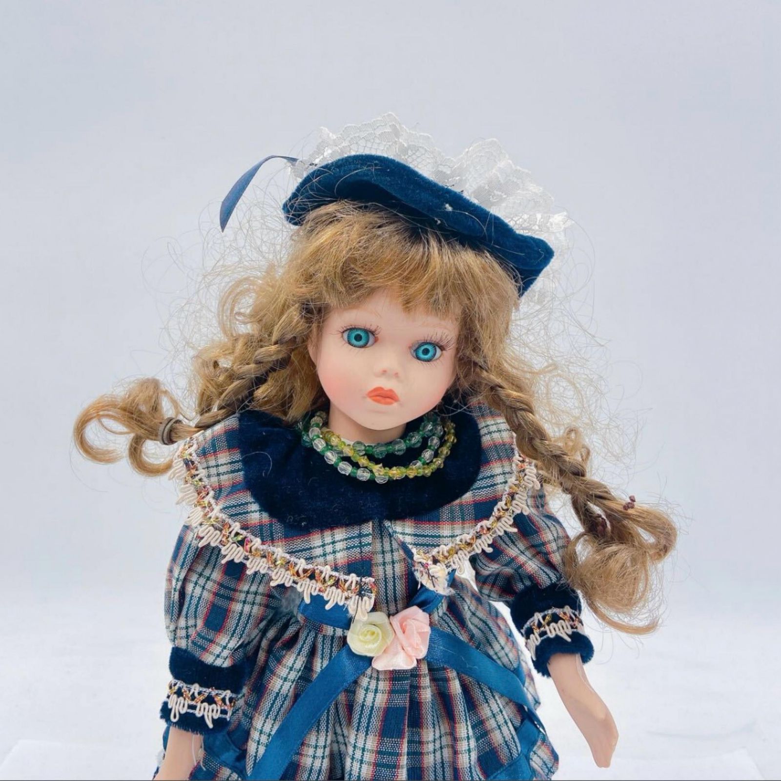 ビスクドール フランス人形 西洋人形フィギュア ネイビー チェック