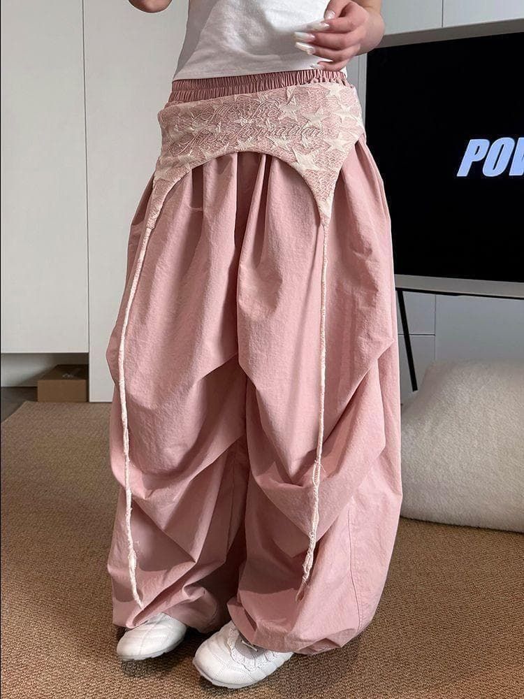 新品】大きいサイズ ストリートダンスゆったりピンク4XL ドロストパンツ