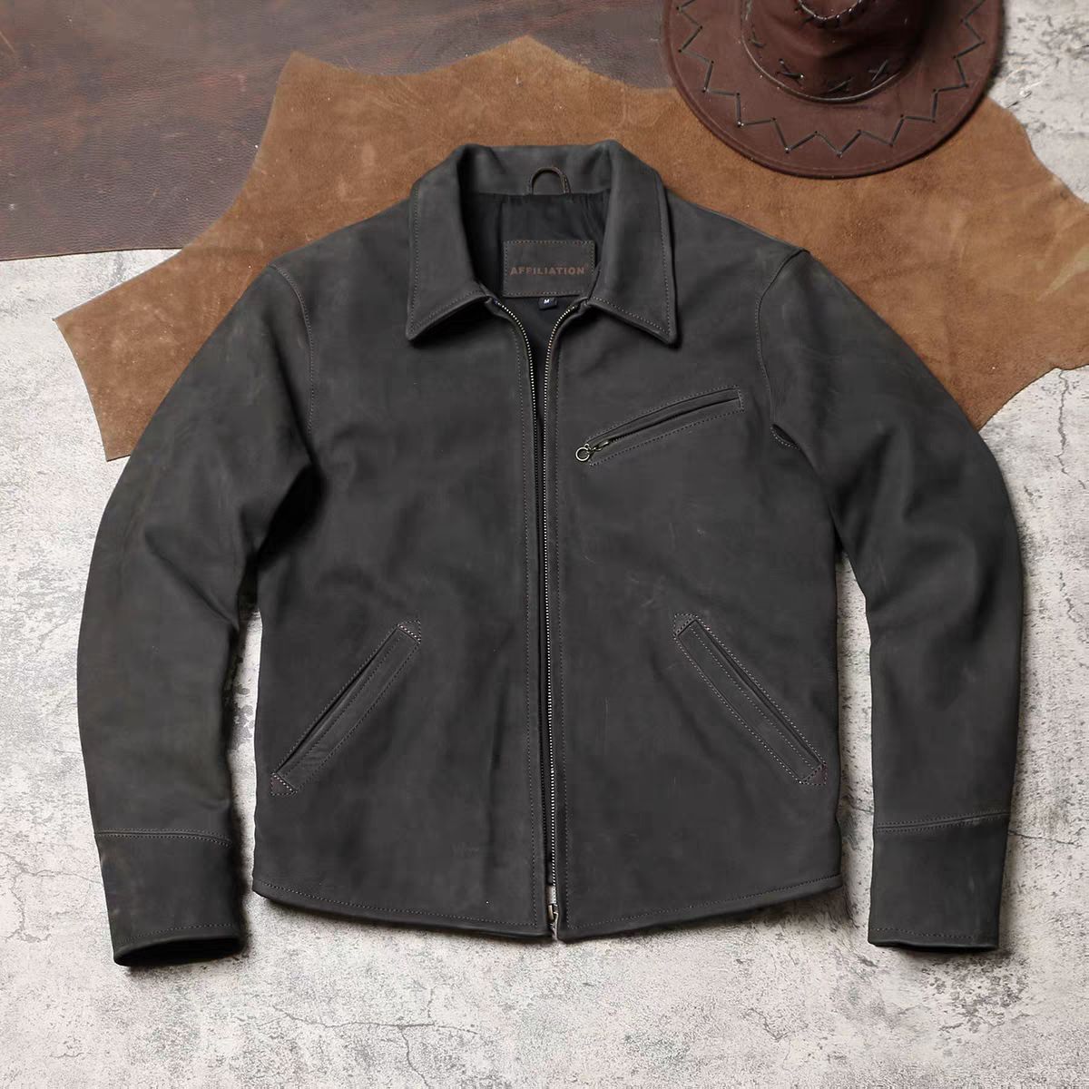 全 ♥ テーラードカラー 本革ジャケット ワックス染め 無塗装マット仕上げ ソフト薄手山羊革 水洗ヴィンテージ加工 レザージャケット K