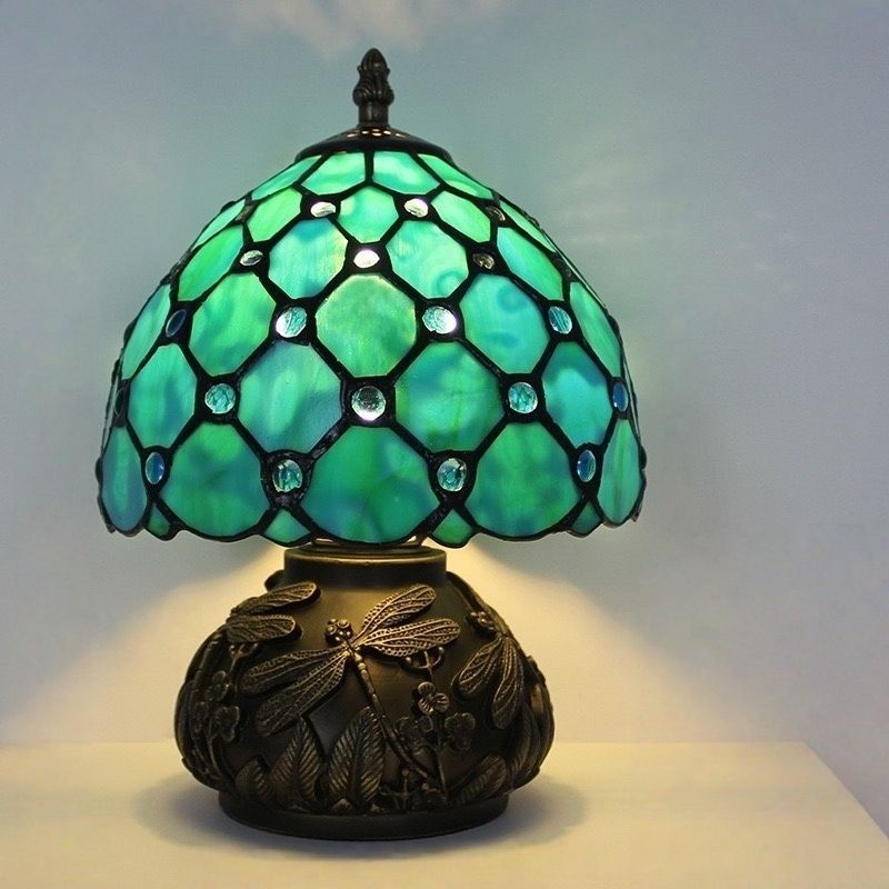 グラデーションが美しい】青緑色の菱柄ステンドグラスランプ