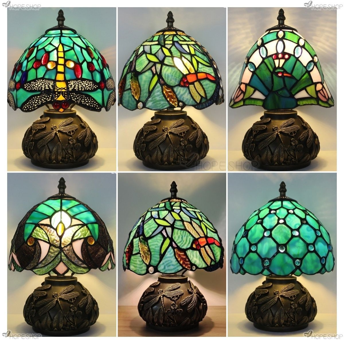 グラデーションが美しい】青緑色の菱柄ステンドグラスランプ