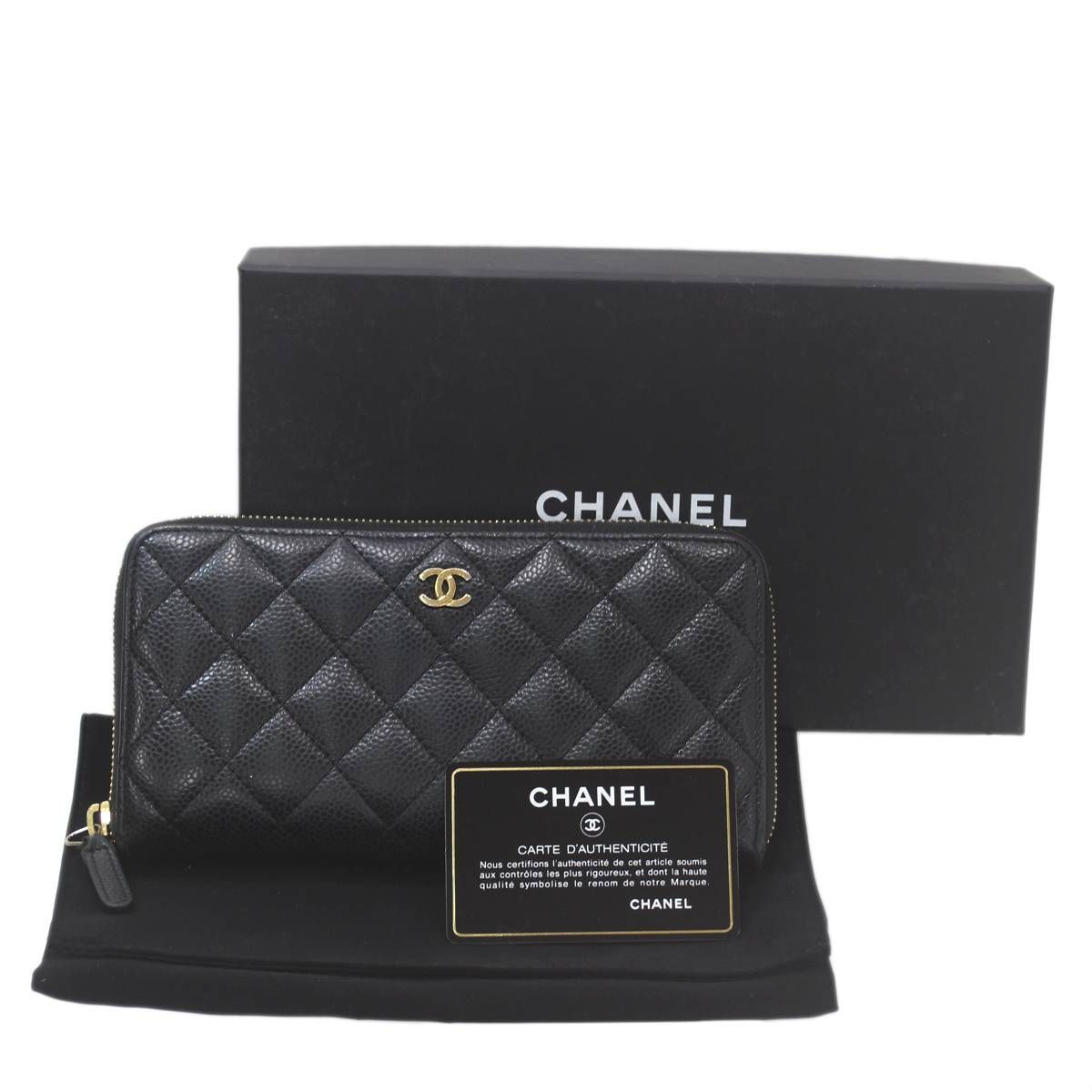 CHANEL|シャネル ラウンドジップ長財布 マトラッセ ブラック キャビアスキン レザー NO Bランク