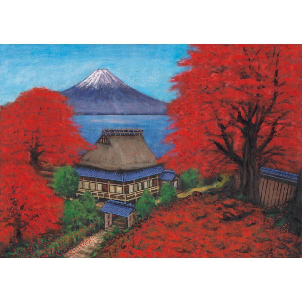 もみじと古民家と富士山 銭湯画 B お風呂ポスター 防水ポスター