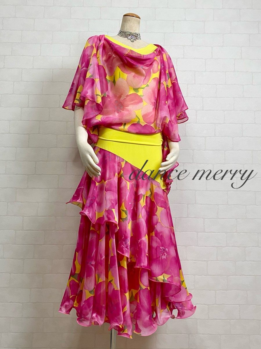 MERRY 社交ダンス ツーピース セットアップ 黄色 ピンク パーティ 2830