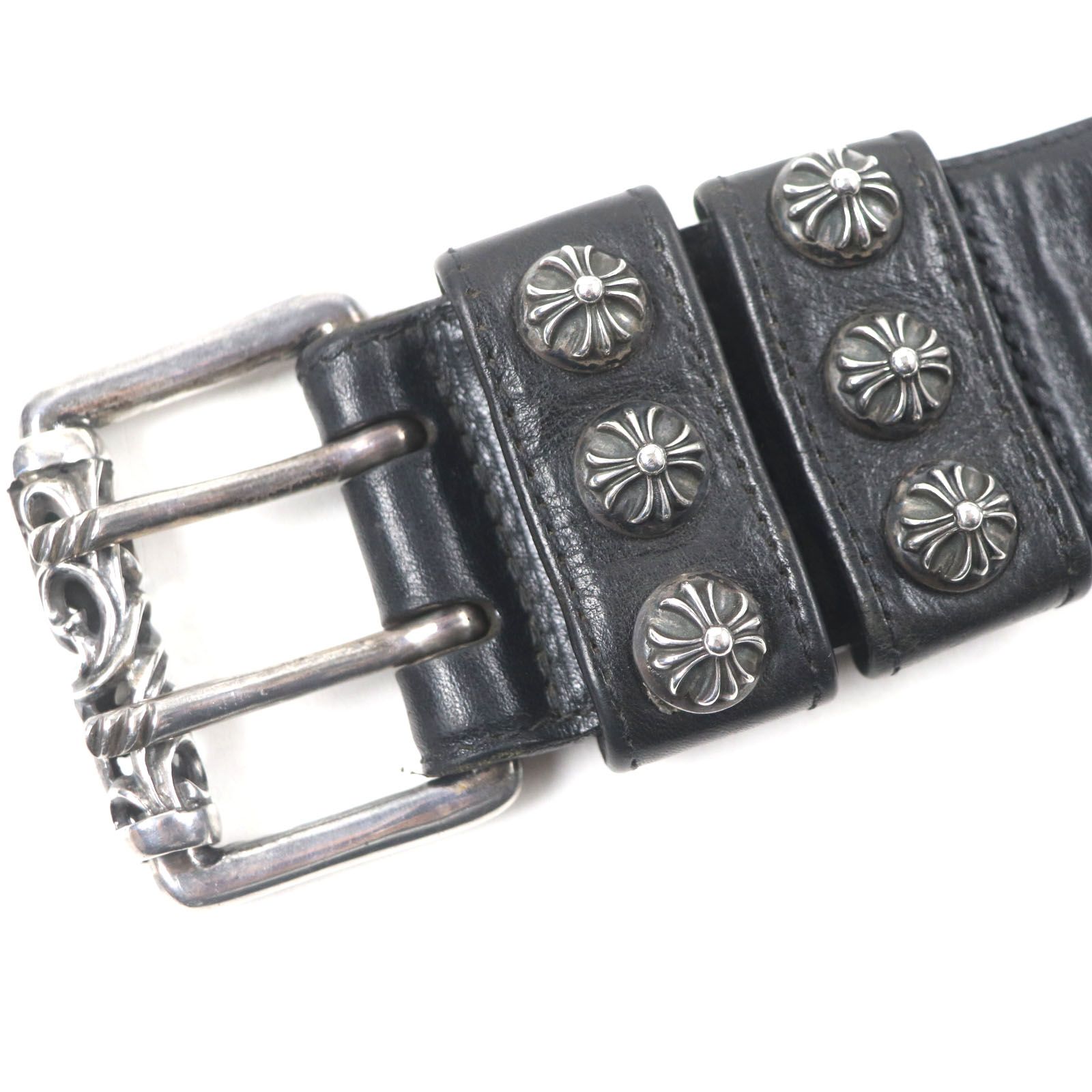 良品▼CHROME HEARTS クロムハーツ ダブルピン クロスボールスタッズ グロメット ローラー SV925 レザーベルト ブラック シルバー金具 32 良品▽CHROME HEARTS クロムハーツ ダブルピン クロスボールスタッズ