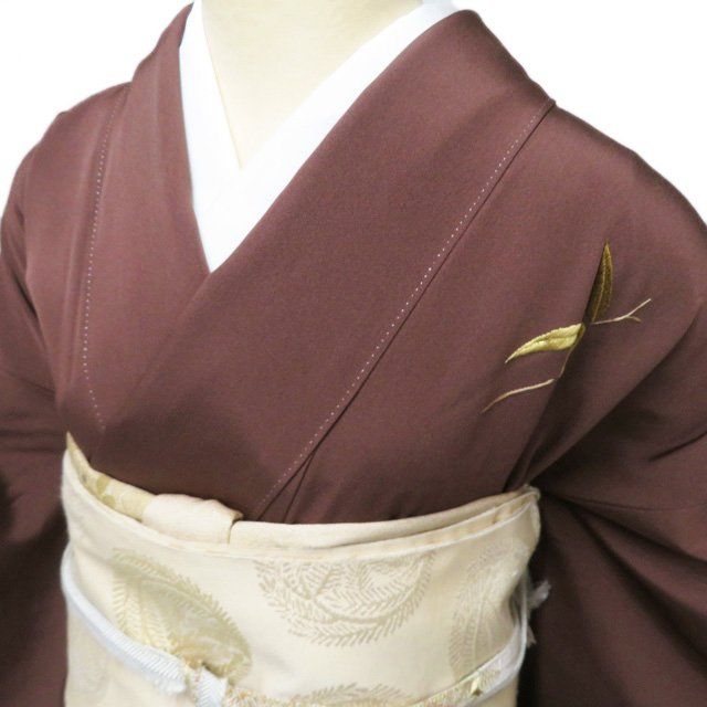 付下げ 付け下げ 訪問着 着物 中古 正絹 袷 フォーマル 作家物 落款 刺繍 笹の図 茶色 身丈159.5cm 裄66.5cm M きもの北條 A1306-5 付下げ 付け下げ 訪問着 着物 中古 正絹 袷 フォーマル 作家物 落款