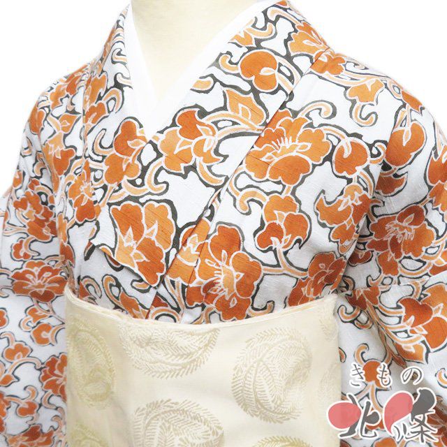 小紋 着物 正絹 紬地 袷 カジュアル 花模様 オフホワイト 人参色 身丈158 cm 裄63 M きもの北條 A 1306 3