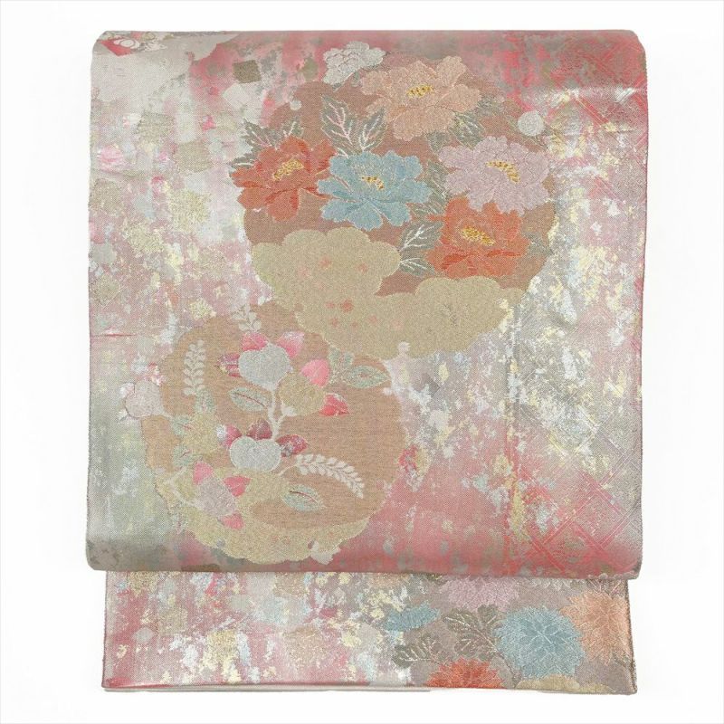 たんす屋 リユース帯 帯 （）袋帯 ピンク フォーマル 六通柄 佐賀錦 引箔 金糸 銀糸 切り箔 雪輪 牡丹 椿 菊 梅 7650002450094