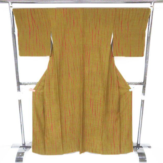 小紋 着物 正絹 紬地 袷 カジュアル きぬたや 絞り染め 黄唐茶色 赤色 身丈165.5 cm 裄68 L トール きもの北條 A 1306-2