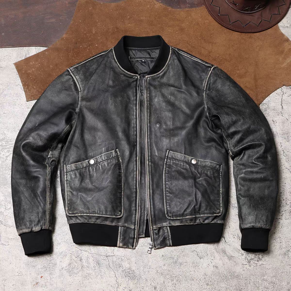 全新♥ A 1復古ストーンウォッシュ加工スHEE皮ジャケット 秋冬ダウン保温レザージャケット 軽量本革ダウンジャケット K