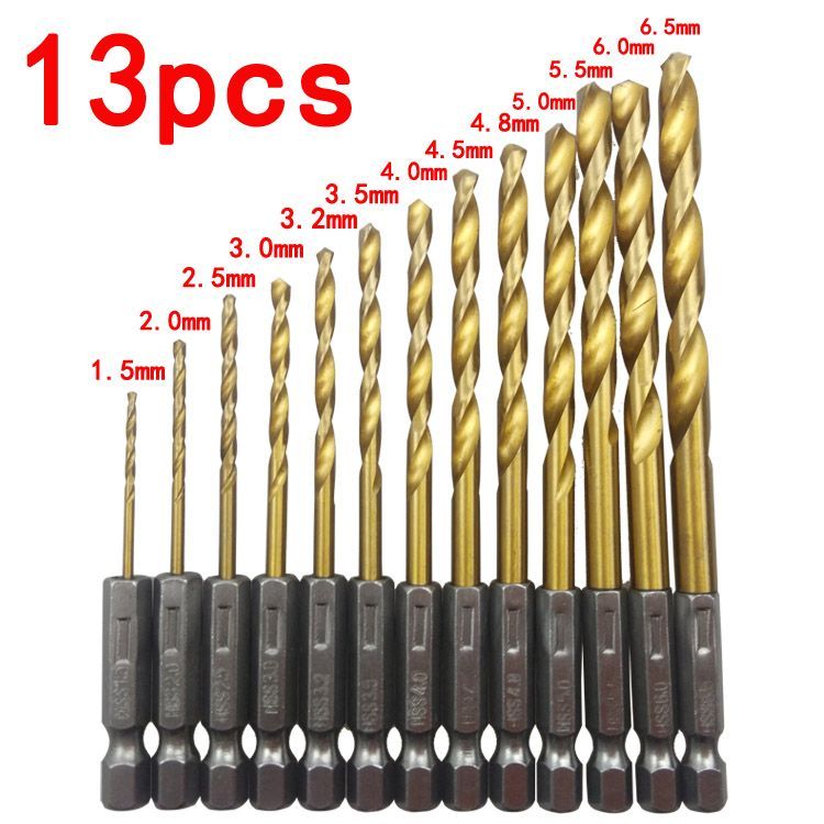 ⛵ドリルビット 13本セット 六角軸 チタンコーティング 木工用 DIY プロ 穴あけ ドリル工具 キリ刃 電動 充電 インパクト ドライバー HSS ハイス 1.5-6.5mm thumbnail 14