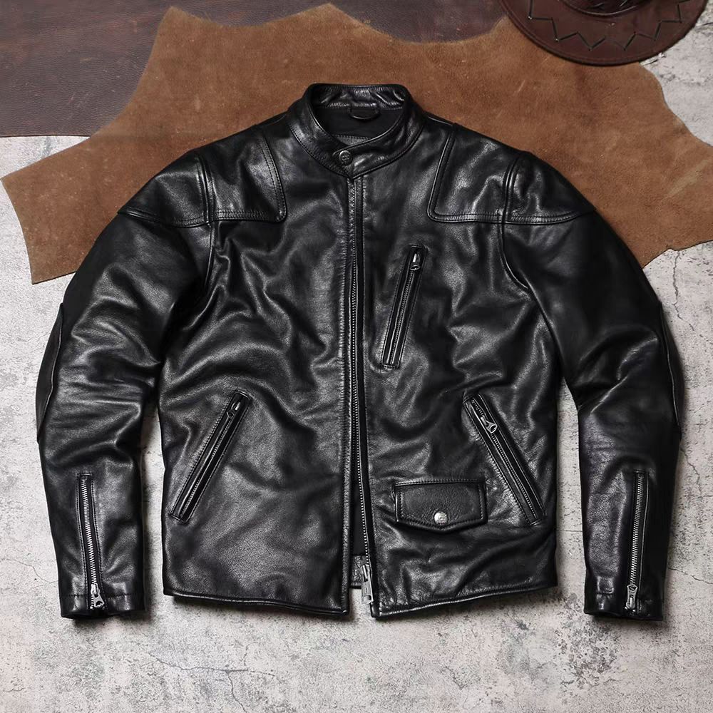 全新 ヴィンテージ 本革ライダースジャケット ワックスド無塗装牛革アウター メンズ 立ち襟 タイトフィット ライディングジャケット K