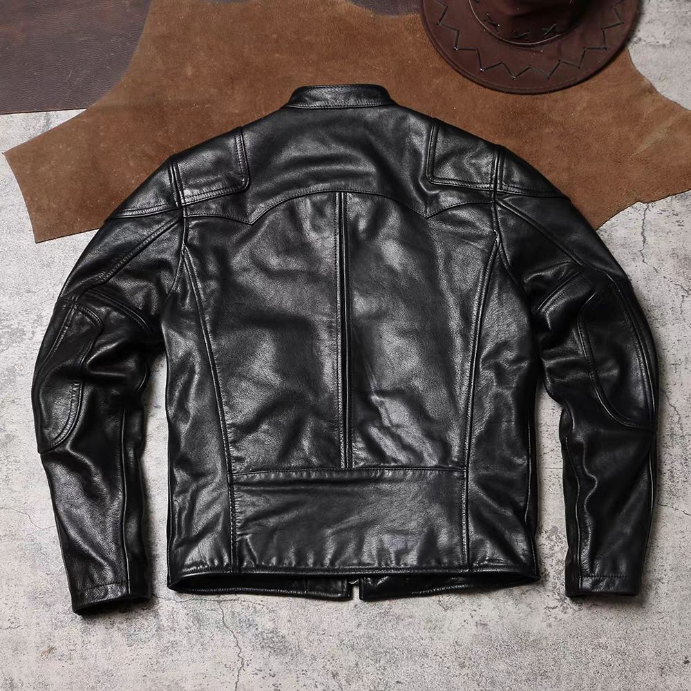 全新♥ ヴィンテージ 本革ライダースジャケット ワックスド無塗装牛革アウター メンズ 立ち襟 タイトフィット ライディングジャケット K