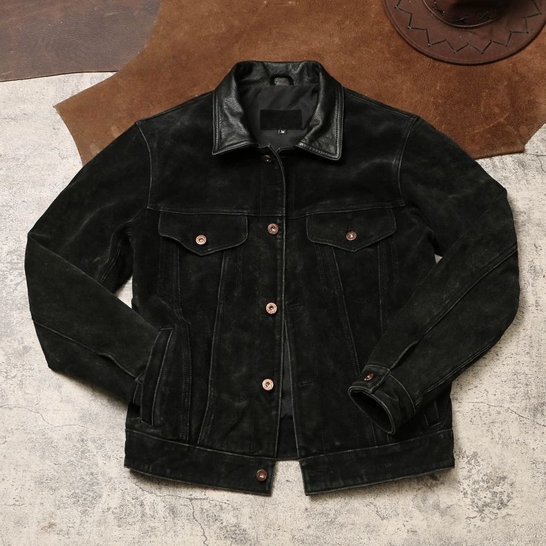 全新♥ ヴィンテージ507ワークジャケット ウォッシュド加工 ヌバック リバース カウレザー アウター メンズ 春秋 タイトフィット デニム風レザージャケット K