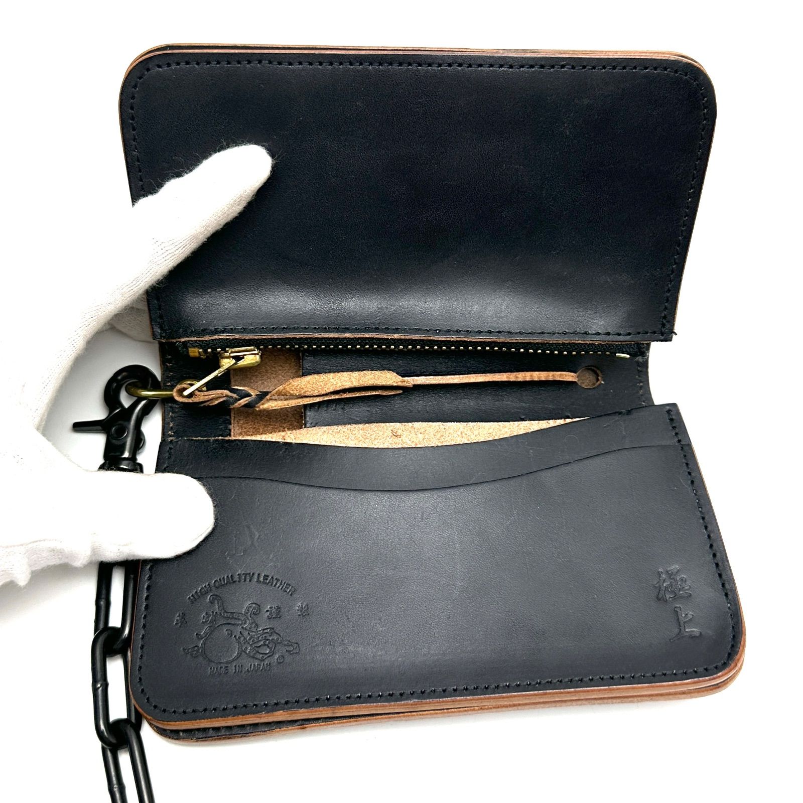 |元住吉 革蛸 カワタコ チェーンウォレット付 革財布 ブラック メンズ 日本製 スポーツミックス 二つ折り財布 