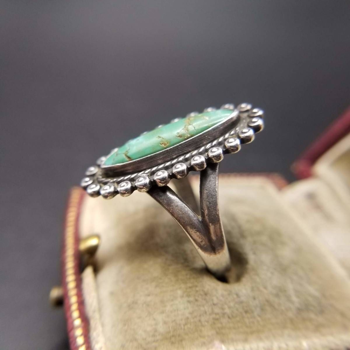 ブルーグリーン ターコイズ マーキス 925 シルバー ヴィンテージ フラワー リング ドット装飾 銀 指輪 サウスウェスタンジュエリー Y 6 J