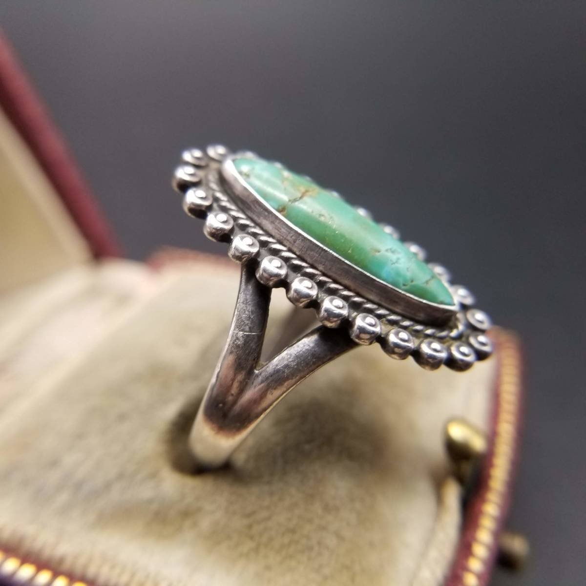  ブルーグリーン ターコイズ マーキス 925 シルバー ヴィンテージ フラワー リング ドット装飾 銀 指輪 サウスウェスタンジュエリー Y 6 J リング 指輪 アクセサリー