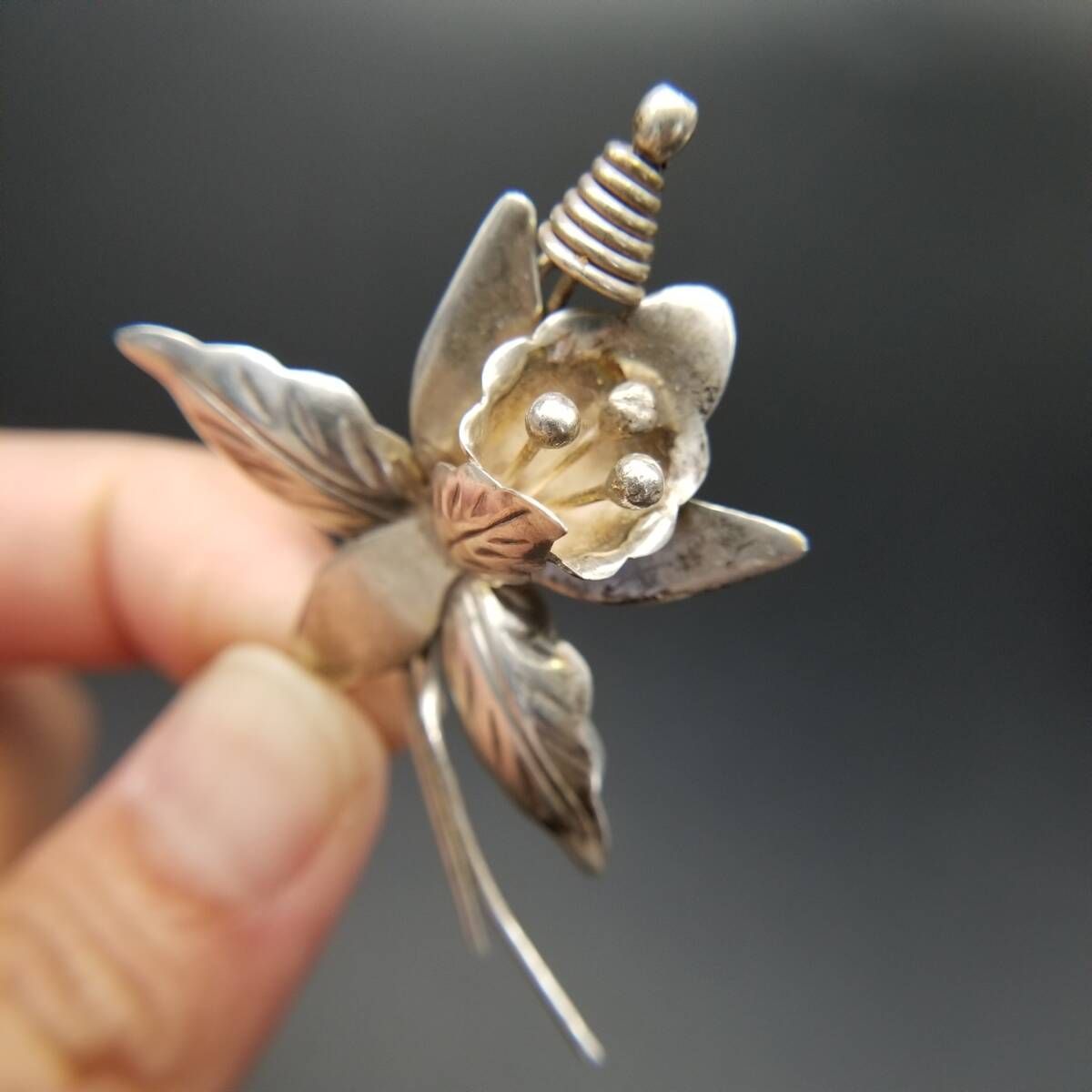 AS メキシコ 925 シルバー 蘭の花 ヴィンテージ フラワー ブローチ 銀