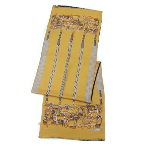 【中古】グッチ GUCCI リバーシブル シルク ストール ジャッキー 馬具 ダブルフェイス イエロー ブラック レディース グッチ GUCCI リバーシブル シルク ストール ジャッキー 馬具 ダブル