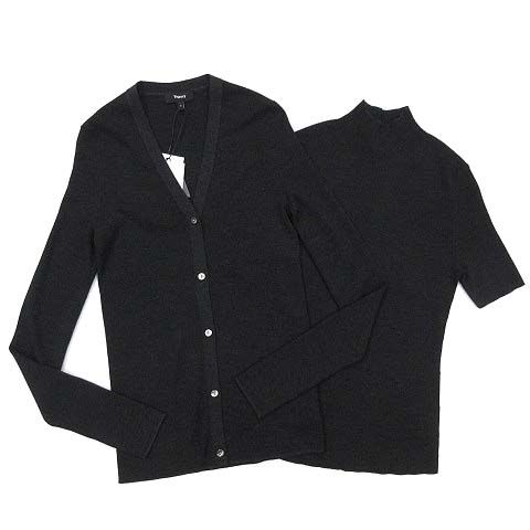 セオリー Theory REGAL WOOL アンサンブル ツインニット ボトルネック 半袖 Vネック カーディガン チャコール S 2025 AW