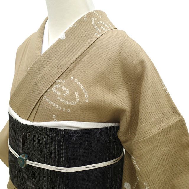 中古】 夏物 小紋 単衣 着物 リサイクル 正絹 絽 変わり絽 絞り 黄橡色