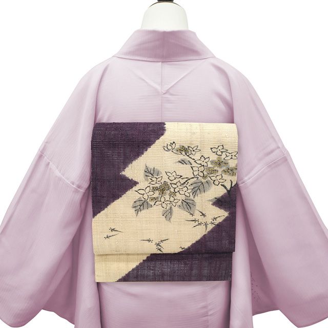 新古品】 夏物 名古屋帯 未使用 正絹 紗紬 九寸 手描き 金彩加工 濃紫