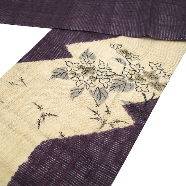 美品！紗紬＊手描き＊墨絵風＊ベージュ＊長尺＊夏物＊なごや仕立帯＊３６８ｃｍ 新古品】 夏物 名古屋帯 未使用 正絹 紗紬 九寸 手描き 金彩加工 濃紫