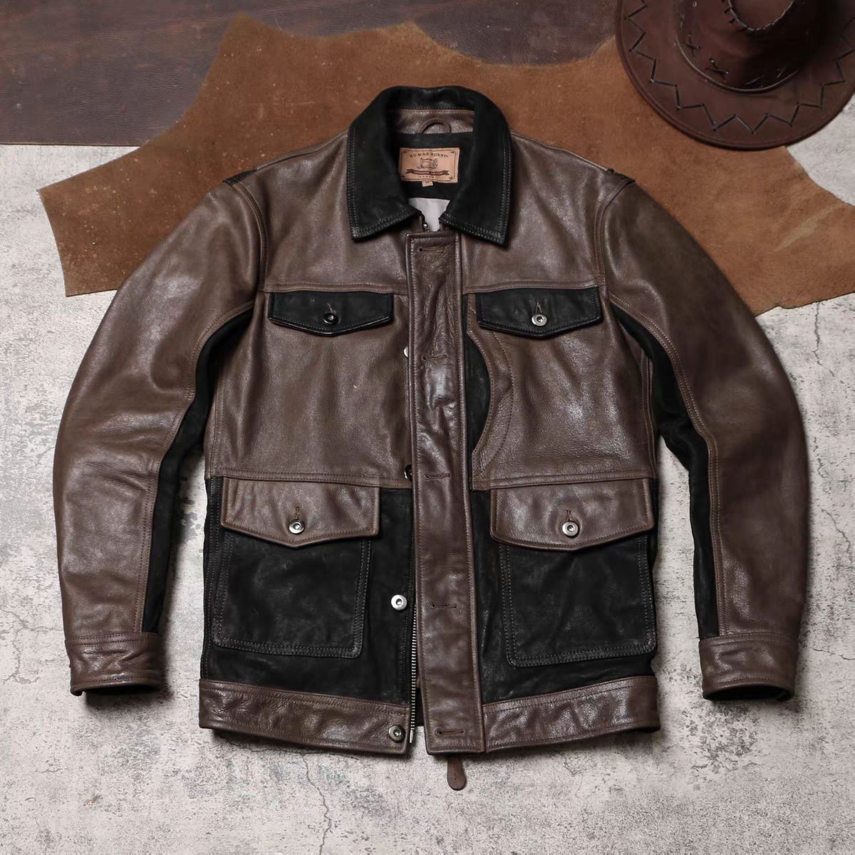 全新 ヴィンテージラペル工装レザージャケット M 65 アウトドアハンティング ライディング 本革ジャケット オイルヌバック牛革 ゴートレザー切替 K